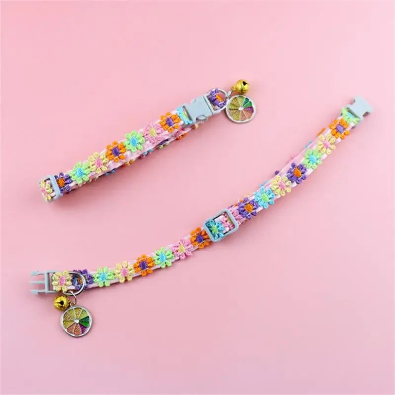 Rainbow Flower Cat Collar with Bell – Adjustable Lace Pet Collar