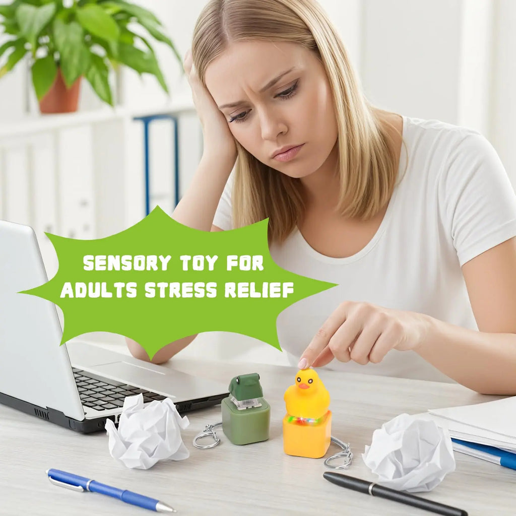 Small Yellow Duck and Frog Keychain, Duck Frog Clicker with LED Light, Adult Stress Relieving and Anxiety Sensing Toy