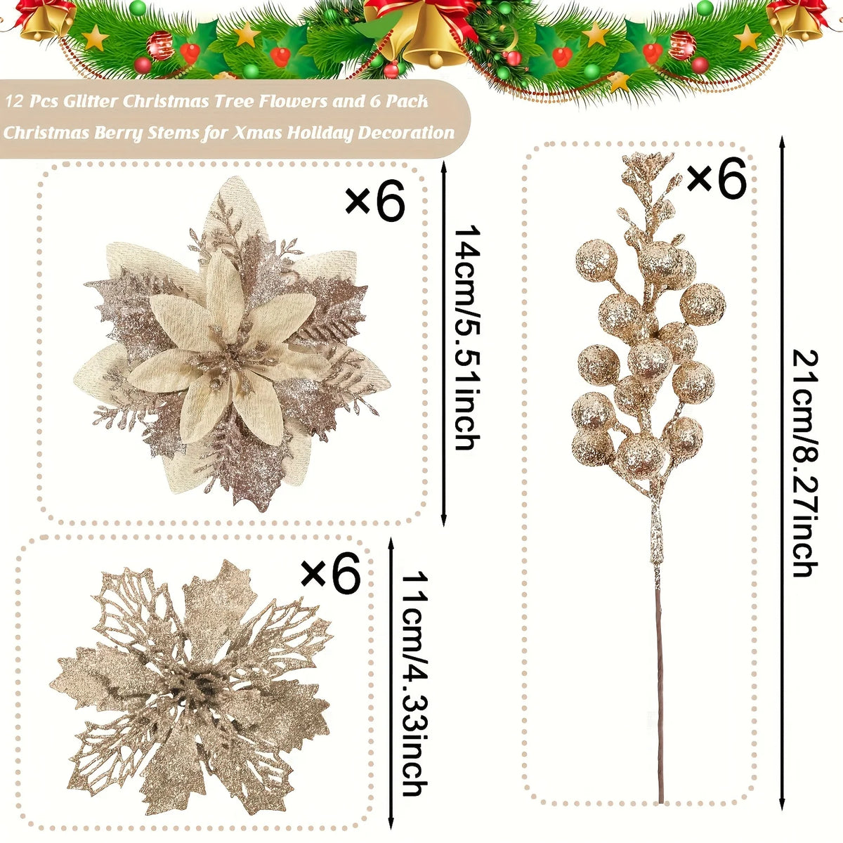 Christmas Artificial Flowers Glitter Berry Bouquet Tree Decor