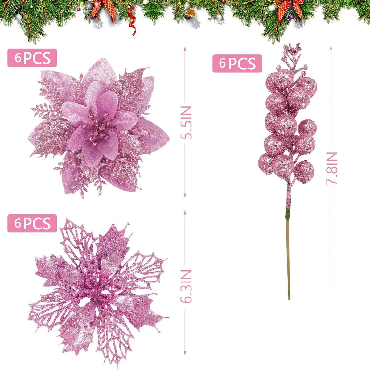 Christmas Artificial Flowers Glitter Berry Bouquet Tree Decor