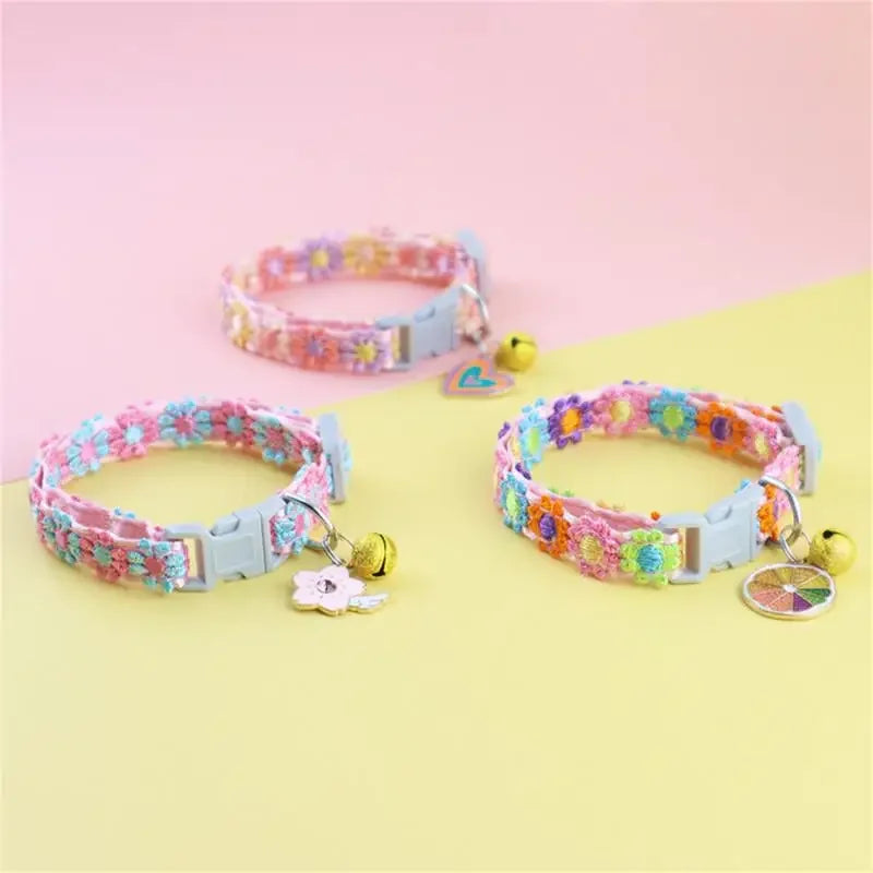 Rainbow Flower Cat Collar with Bell – Adjustable Lace Pet Collar