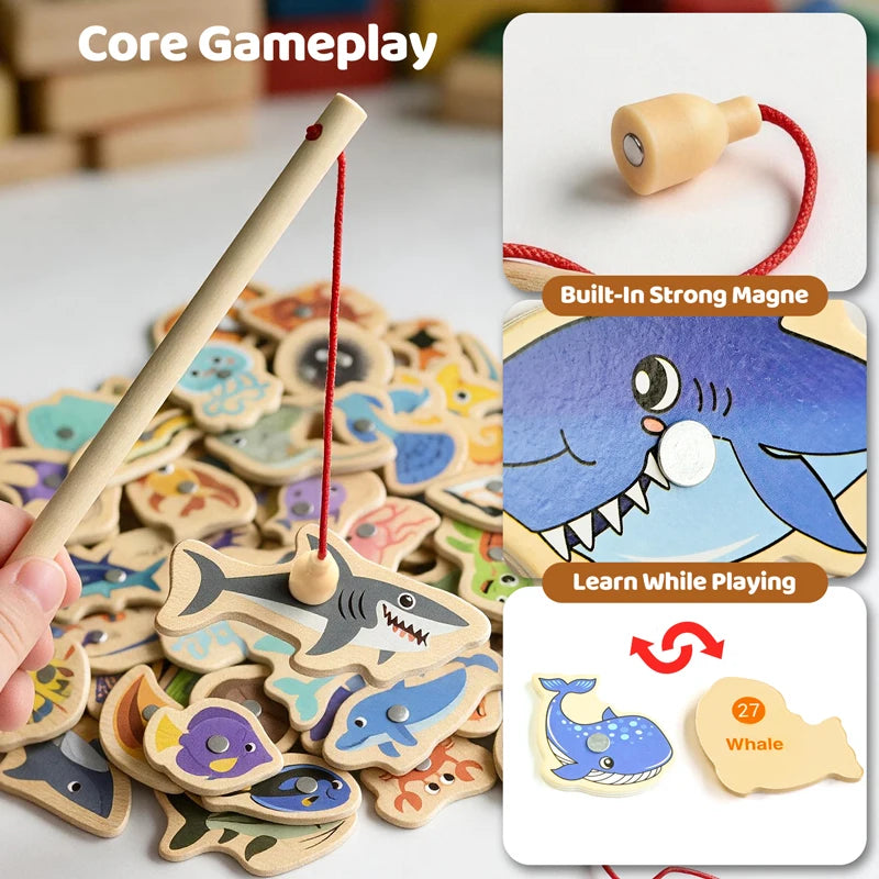 Wooden Magnetic Fishing Toy Montessori Sea Animal Learning Game