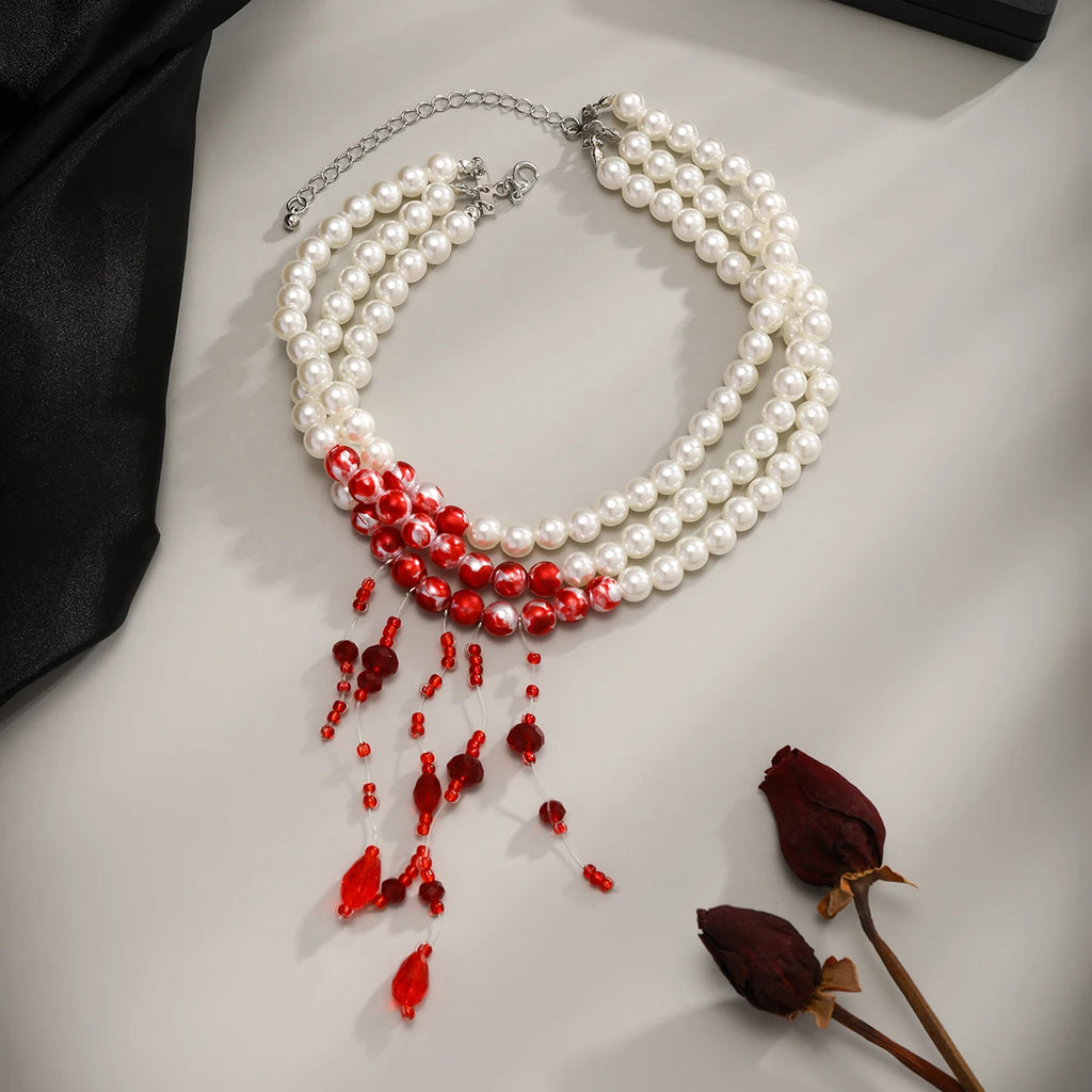 Gothic Halloween Necklace – Red Tassel Pearl Pendant