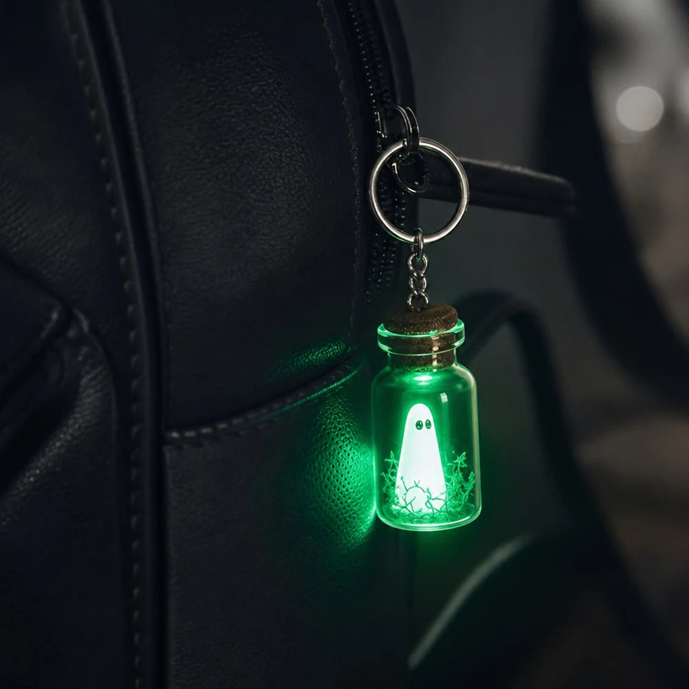 Luminous Ghost Keychain Halloween Tiny Glow Drifting Bottle Adopt Ghost Keyring Creative Design Green Spectre Jewelry Gift