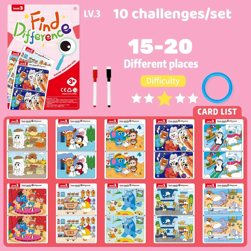 Find the Difference Game for Kids, 10 Reusable Puzzle Cards