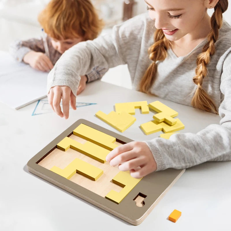 Wooden Geometric Puzzle – Tangram Pattern Blocks Brain Teaser