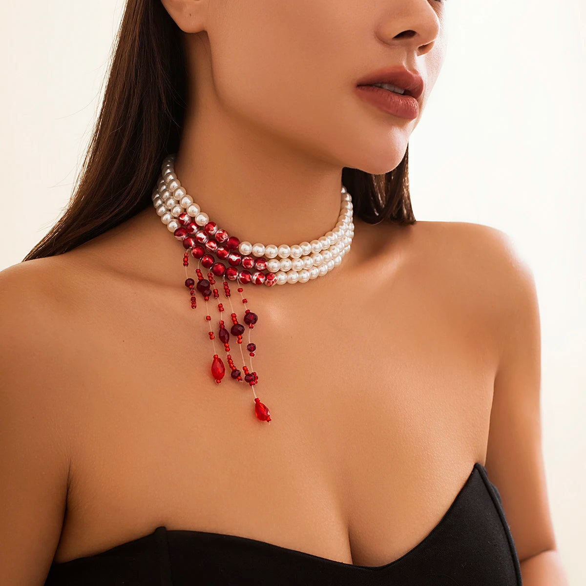 Gothic Halloween Necklace – Red Tassel Pearl Pendant