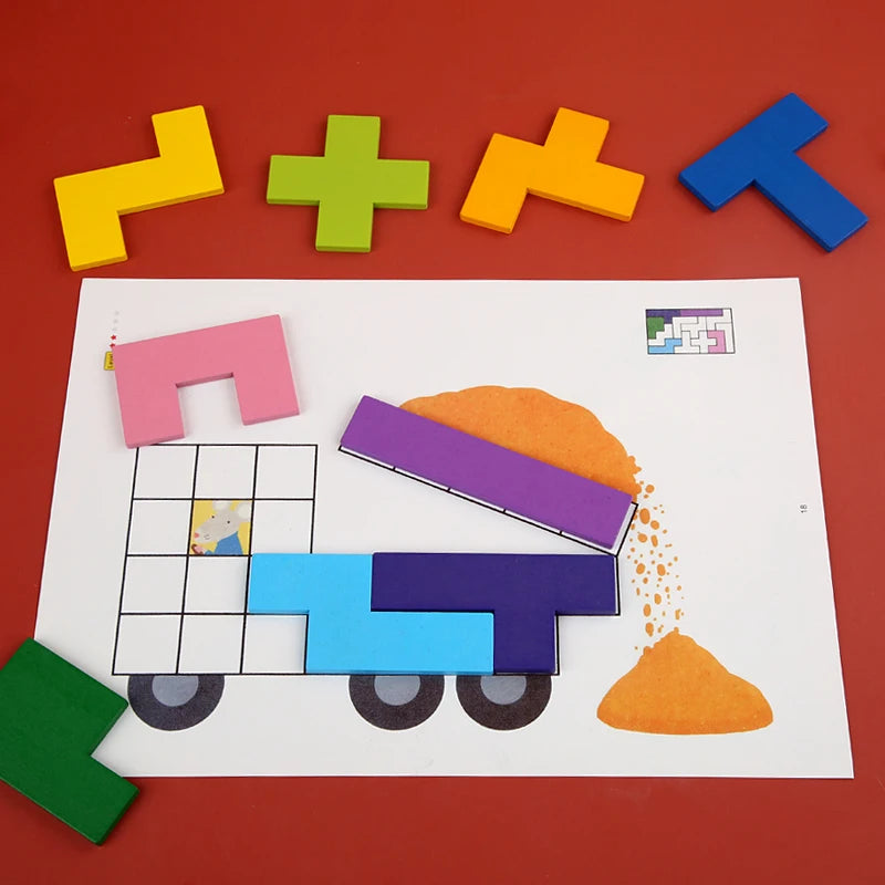 Wooden Geometric Puzzle – Tangram Pattern Blocks Brain Teaser