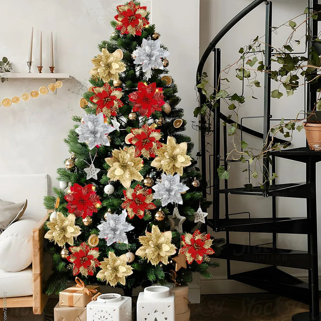 Christmas Artificial Flowers Glitter Tree Hanging Ornaments