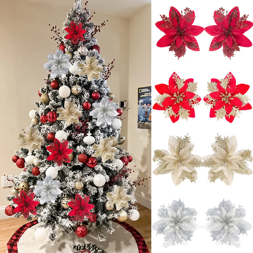 Christmas Poinsettia Flowers Artificial Tree Ornaments 5/10/15/20 Pcs