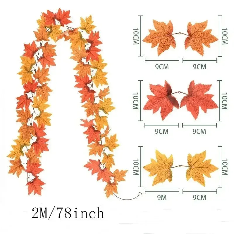 200CM Autumn Artificial Maple Leaf Wreath Fake Leaf Plant Vine Home Decor Garden Halloween Wall Outdoor Doors Windows Decoration