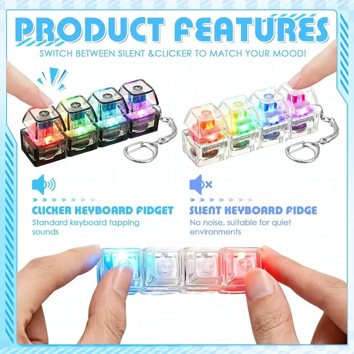 Light Up Keyboard Keychain Clickable Button LED Fidget Toy