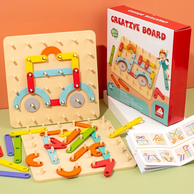 Wooden Geometric Pegboard Puzzle for Kids, Montessori Learning Toy