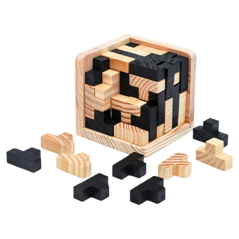 3D Cube Wooden Puzzle – Interlocking Luban Brain Teaser