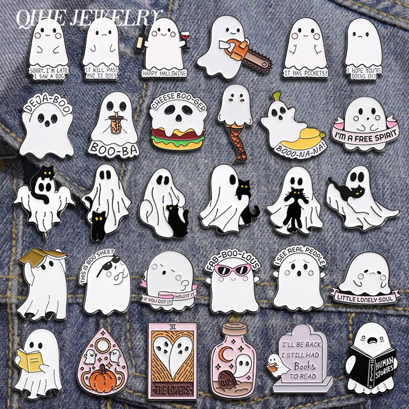 Halloween Punk Ghost Collected Enamel Pin Custom Spooky Boo With Black Cat Brooches Clothes Lapel Badge Jewelry Gift for Friends