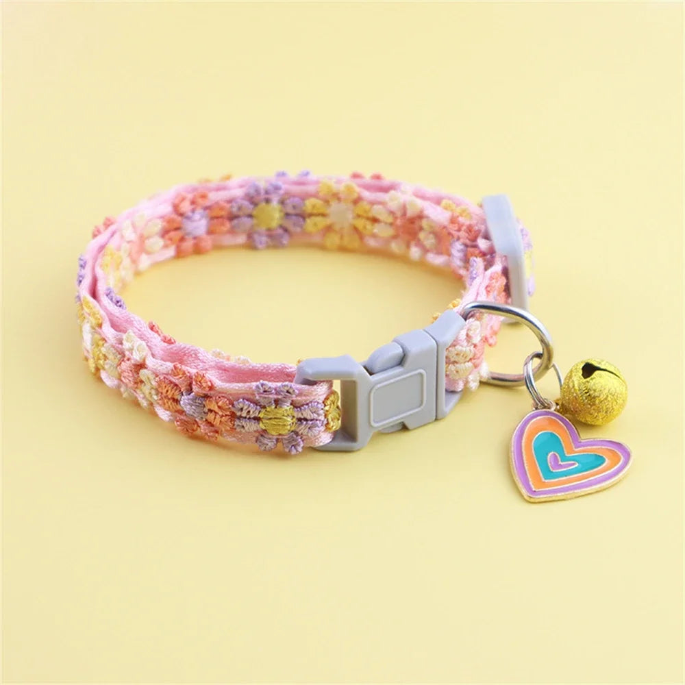 Rainbow Flower Cat Collar with Bell – Adjustable Lace Pet Collar