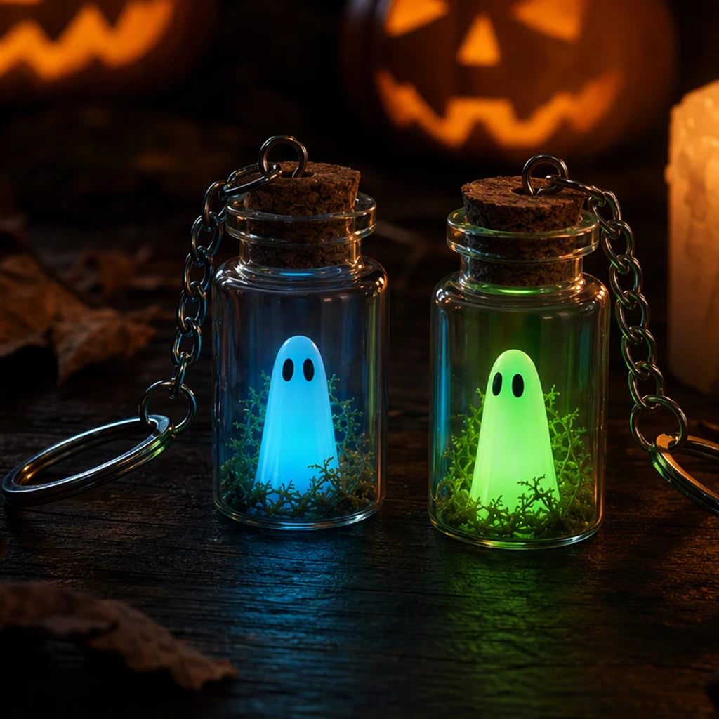 Luminous Ghost Keychain Halloween Tiny Glow Drifting Bottle Adopt Ghost Keyring Creative Design Green Spectre Jewelry Gift