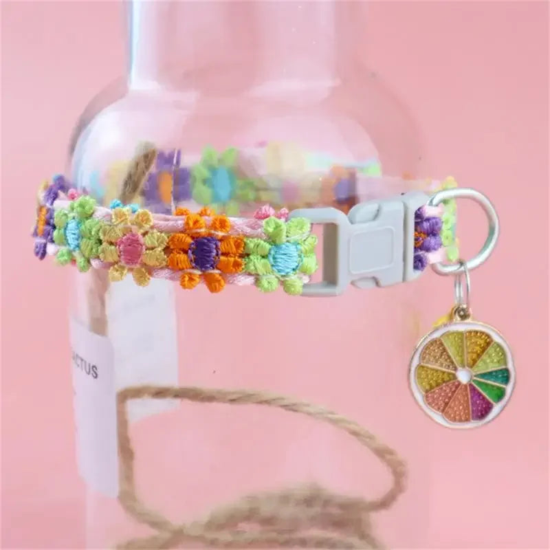 Rainbow Flower Cat Collar with Bell – Adjustable Lace Pet Collar