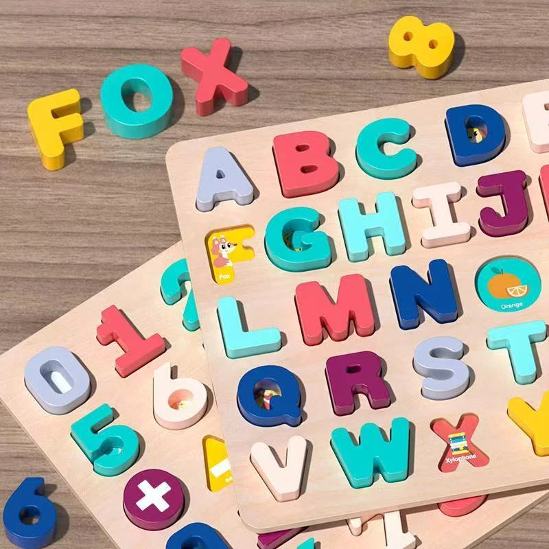 Wooden Alphabet Number Puzzle – Montessori Shape Matching Board