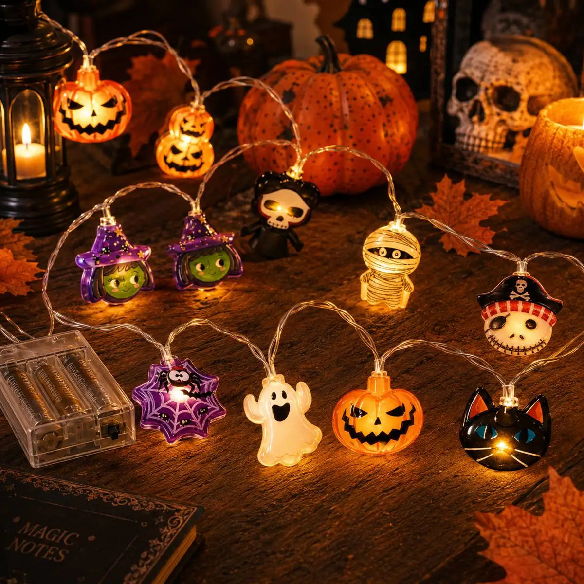Halloween LED String Lights with Ghost, Pumpkin & Skeleton Designs
