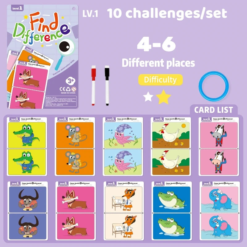 Find the Difference Game for Kids, 10 Reusable Puzzle Cards