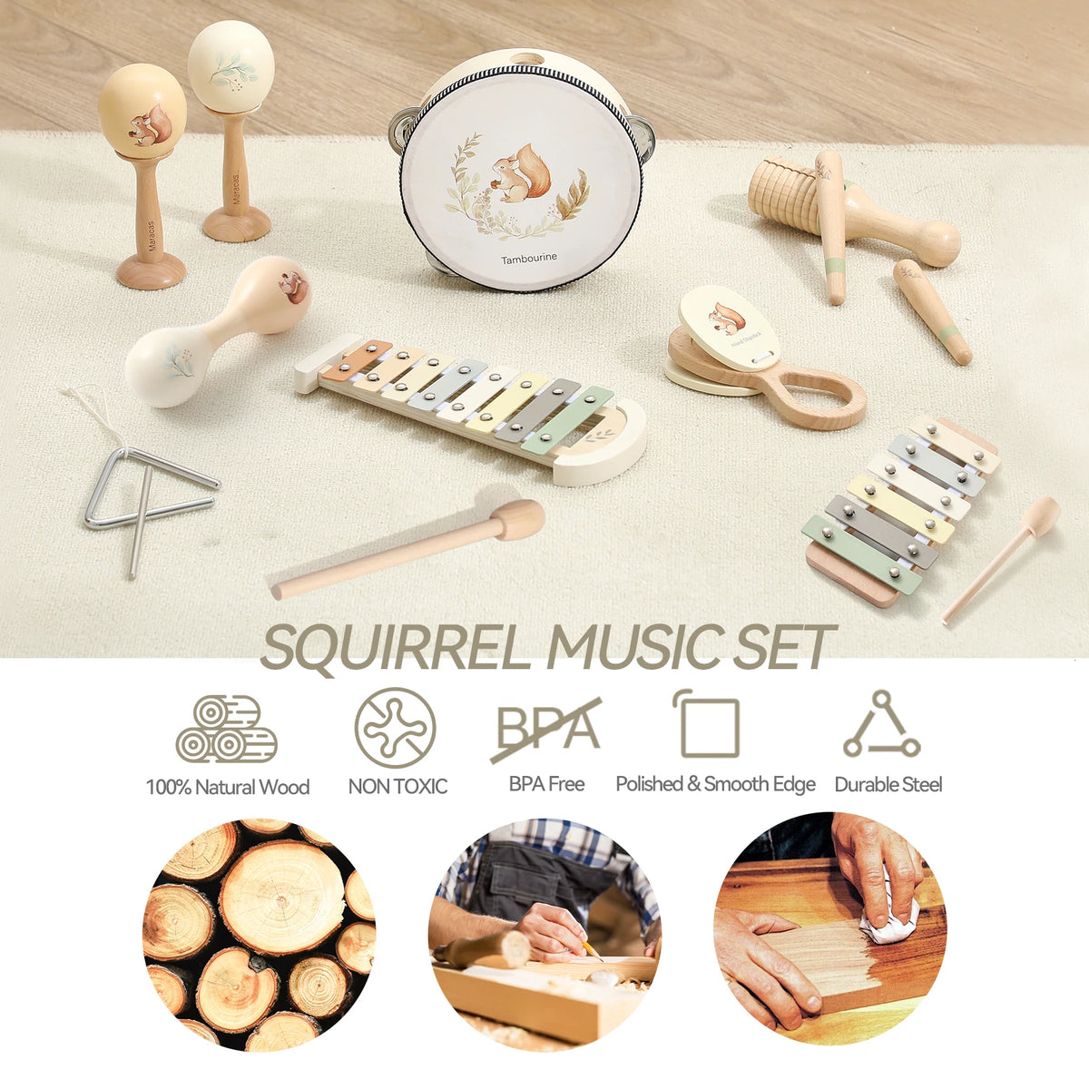 Montessori Wooden Toy Multicolor Xylophone Bell Beads Drum Column Musical Instrument Toy Kid Educational Musical Instrument Gift