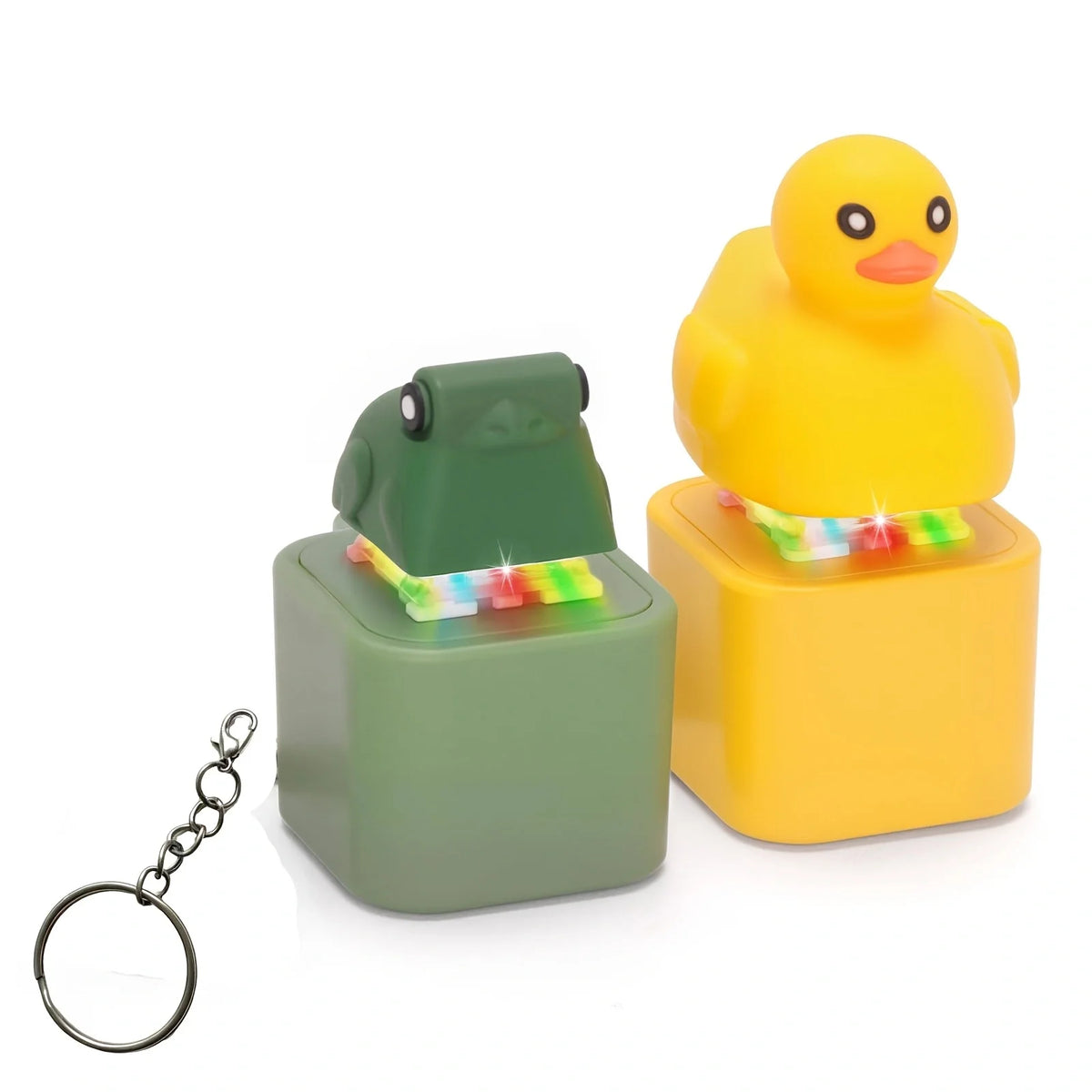 Small Yellow Duck and Frog Keychain, Duck Frog Clicker with LED Light, Adult Stress Relieving and Anxiety Sensing Toy
