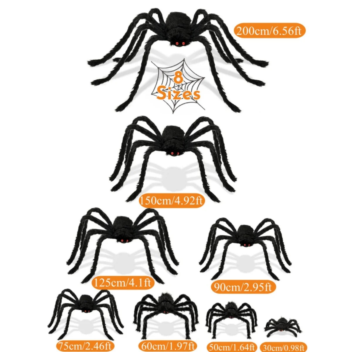 Giant Plush Halloween Spider Decoration, 30–200 cm