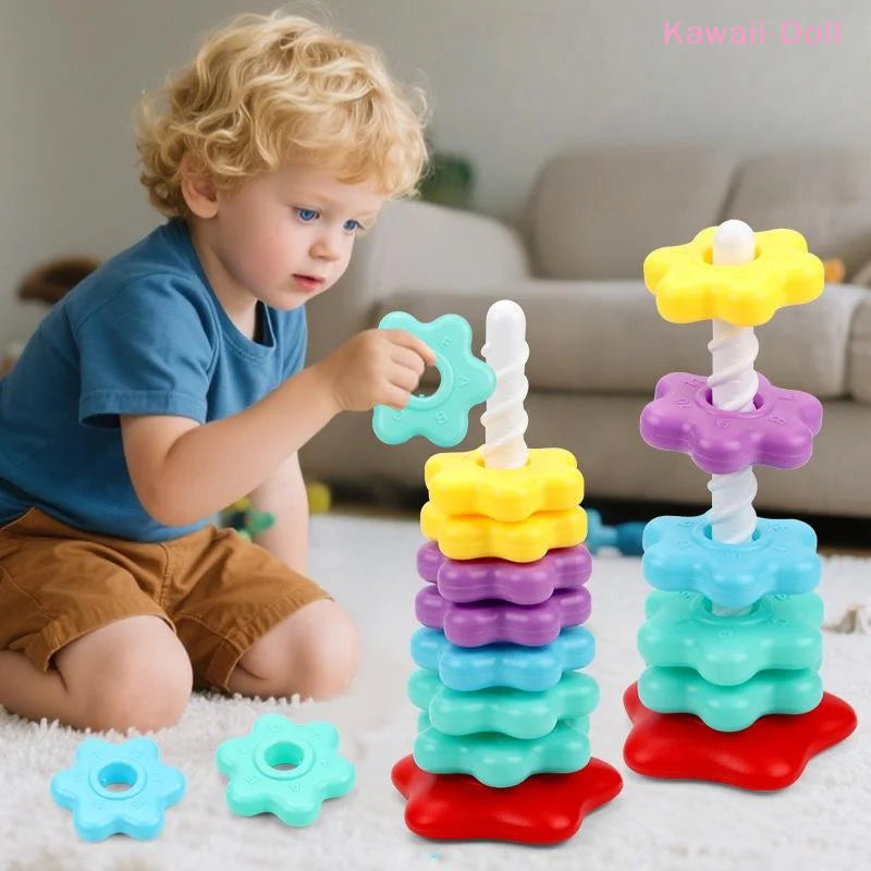 [DO]1 Set Baby Spinning Stacking Puzzle Toys Montessori Rotating Rainbow Tower Children Develop Motor Skills Game Kids Gift[DO]