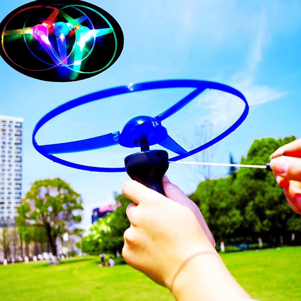 LED Flying Disc Toy Pull String Spinning UFO