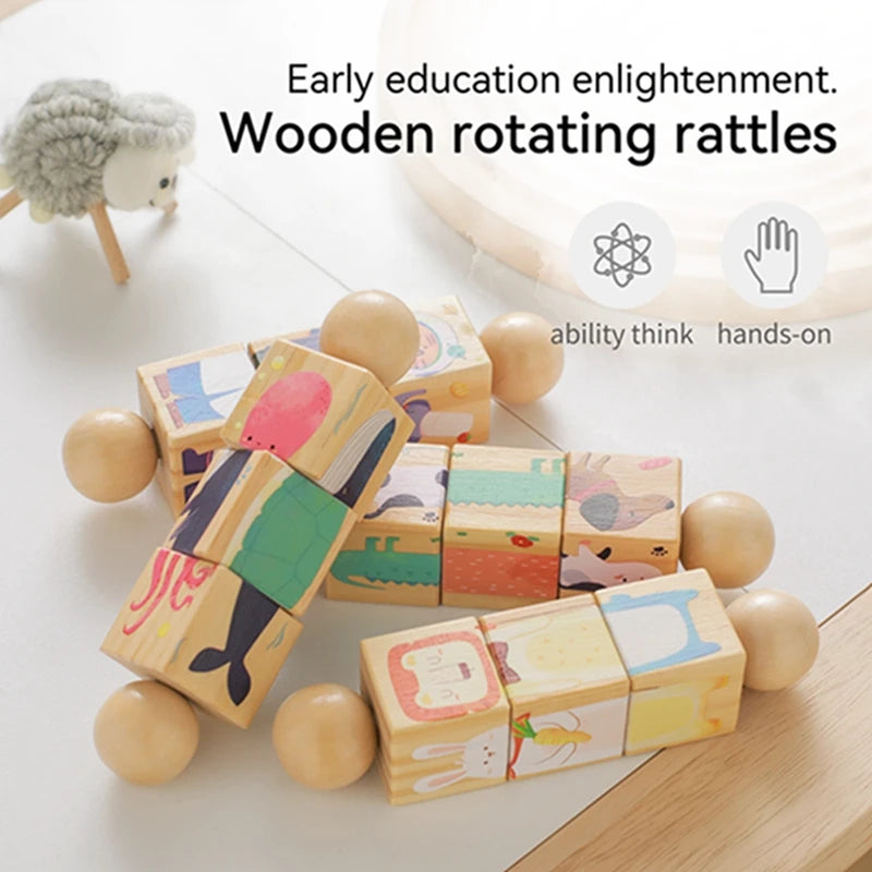 Wooden Baby Puzzle Toy – Rotating Rattle & Hand Bell