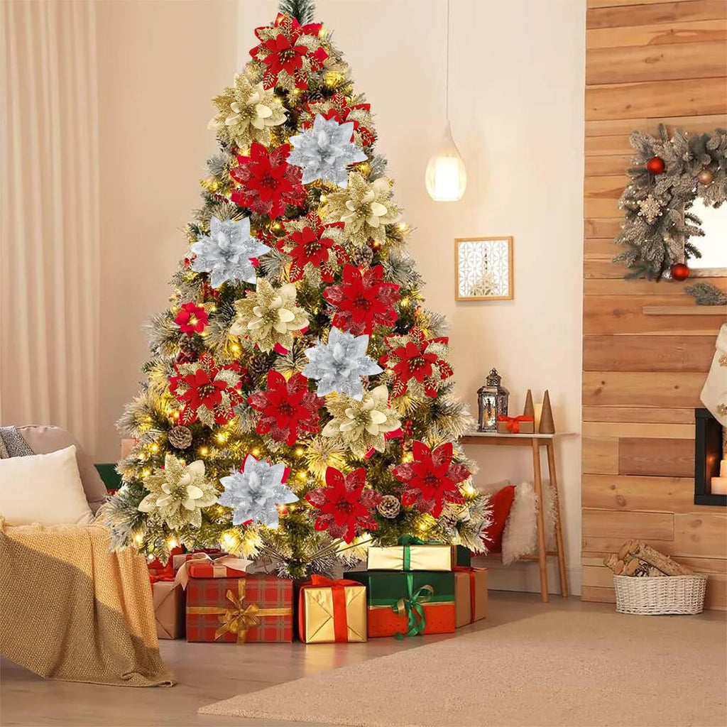 Christmas Artificial Flowers Glitter Tree Hanging Ornaments
