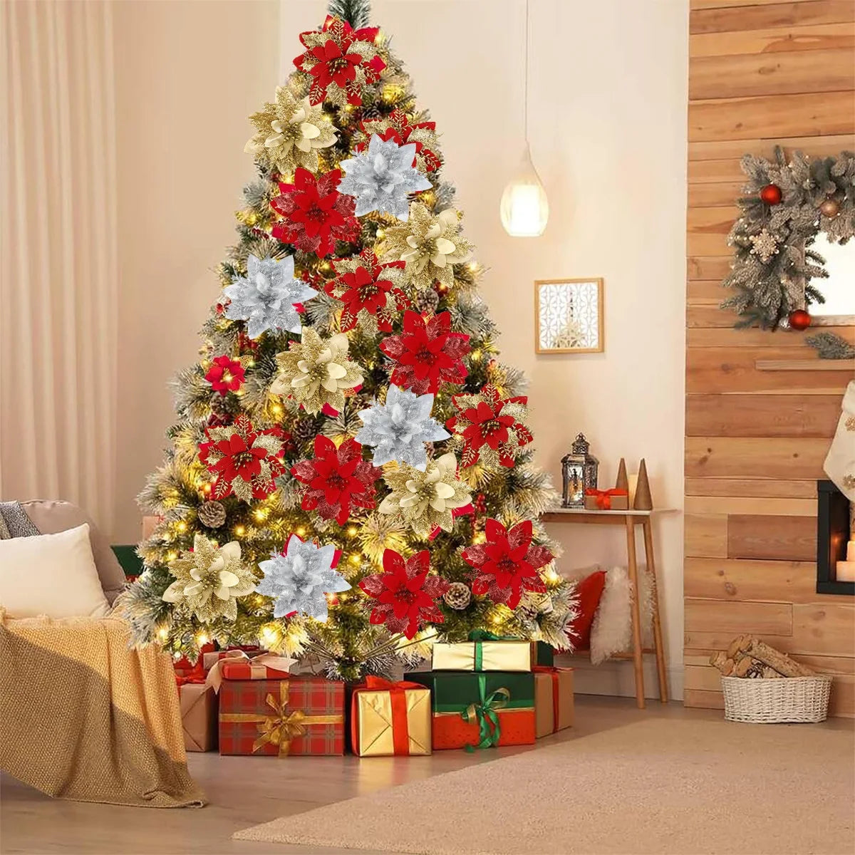 Christmas Artificial Flowers Glitter Tree Hanging Ornaments