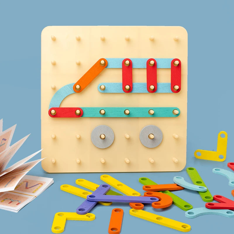 Wooden Geometric Pegboard Puzzle for Kids, Montessori Learning Toy