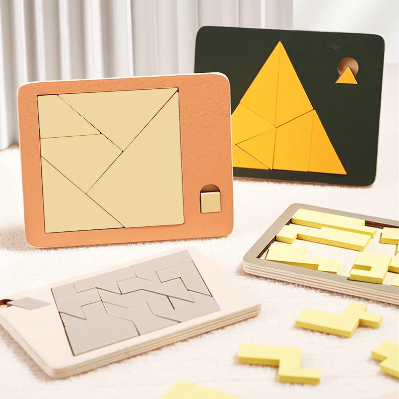 Wooden Geometric Puzzle – Tangram Pattern Blocks Brain Teaser