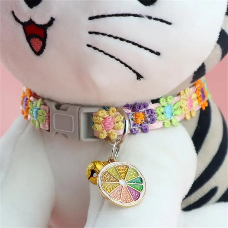 Rainbow Flower Cat Collar with Bell – Adjustable Lace Pet Collar