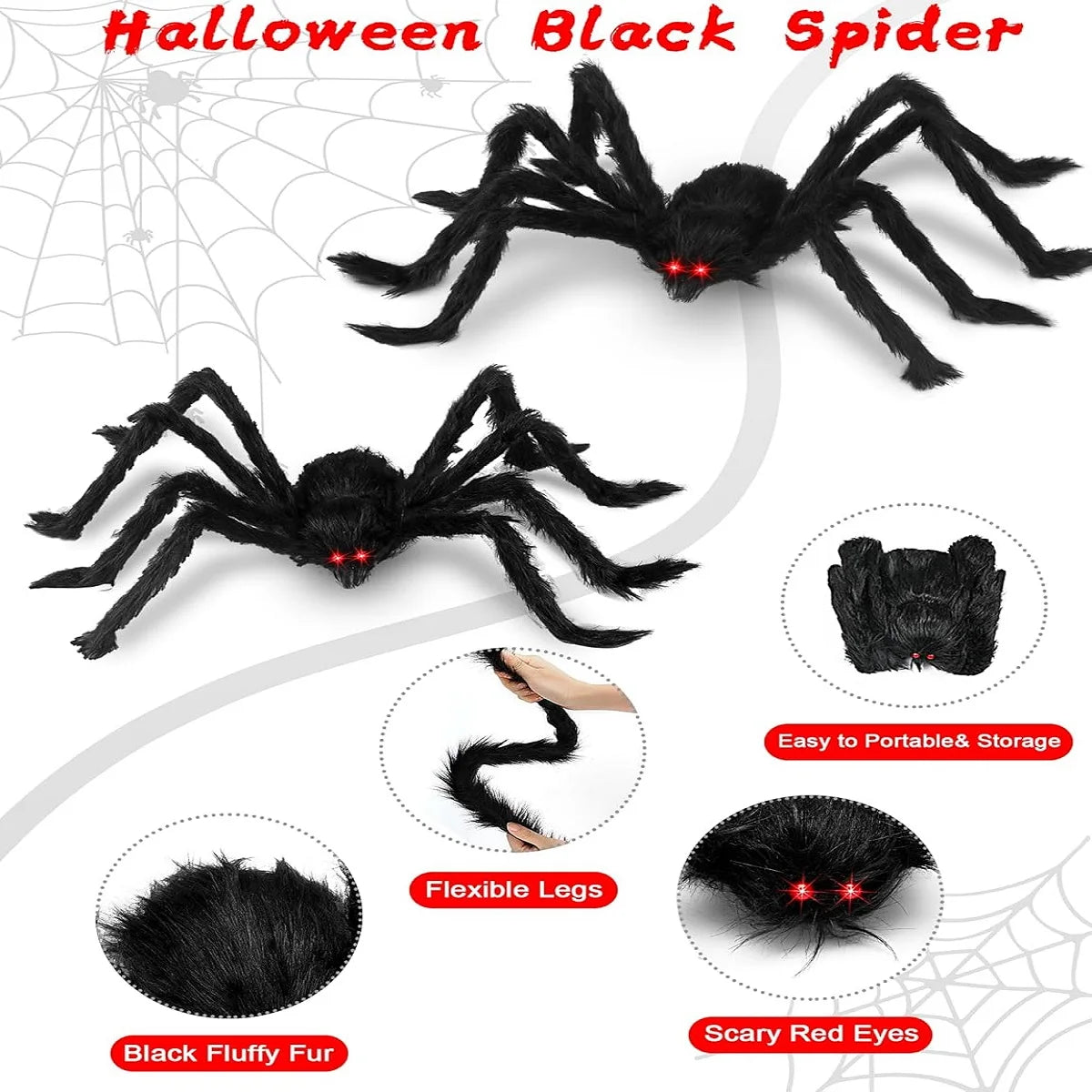 Giant Black Spider Decoration for Halloween, 30–200 cm