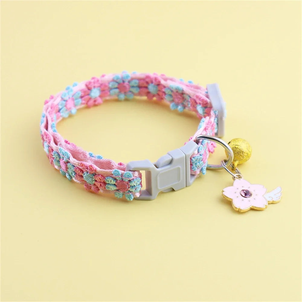 Rainbow Flower Cat Collar with Bell – Adjustable Lace Pet Collar